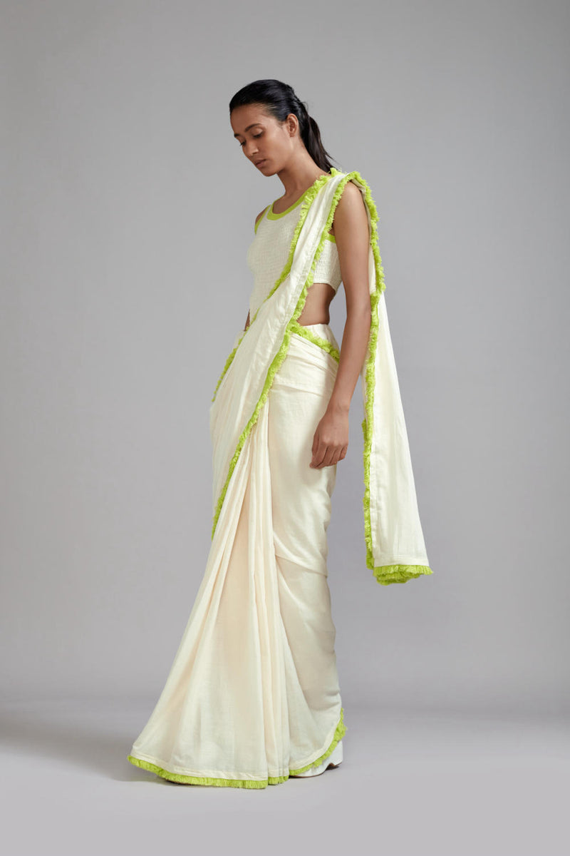 Off-White with Neon Green Saree & Smocked Bodysuit Set (2 PCS) cotton Saree by Mati in green color for women in Singapore