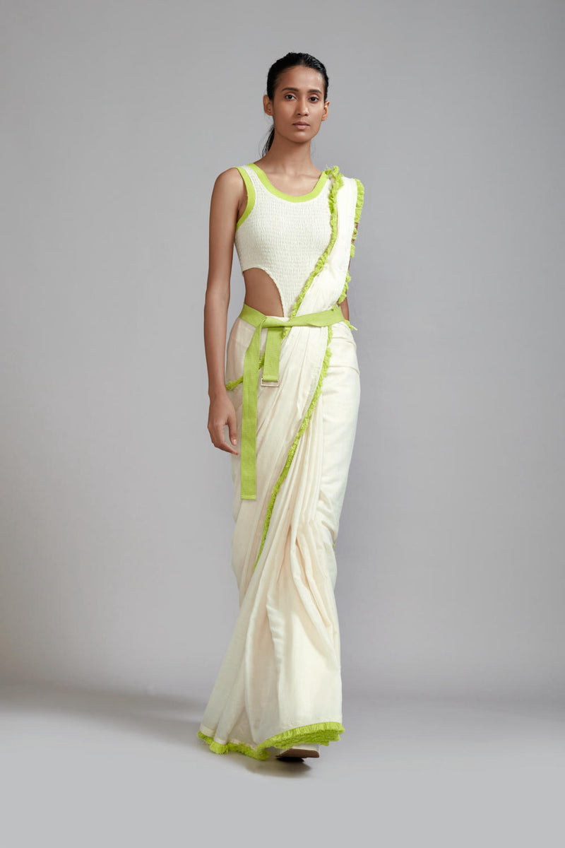 Off-White with Neon Green Saree & Smocked Bodysuit Set (2 PCS) cotton Saree by Mati in green color for women in Singapore