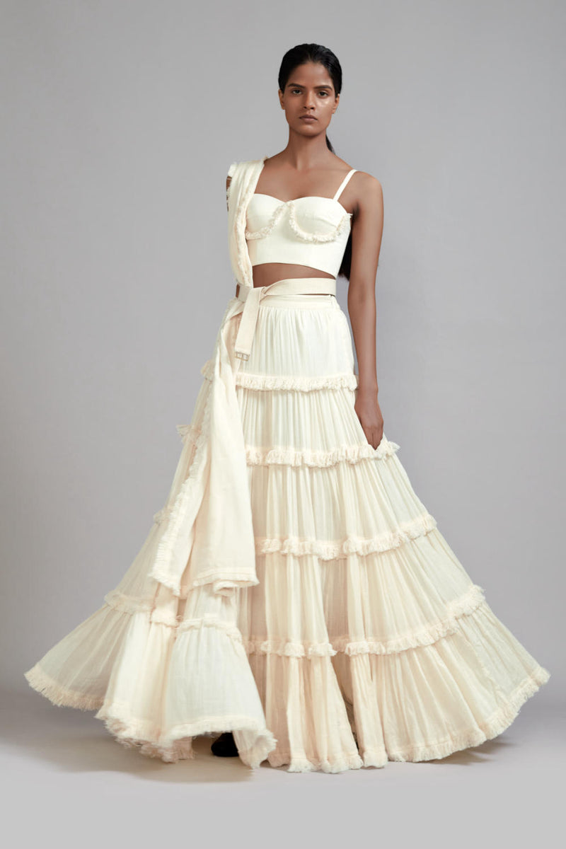 Offwhite Fringed Tiered Lehenga Set (3 PCS) cotton Lehenga Sets by Mati in white color for women in Singapore