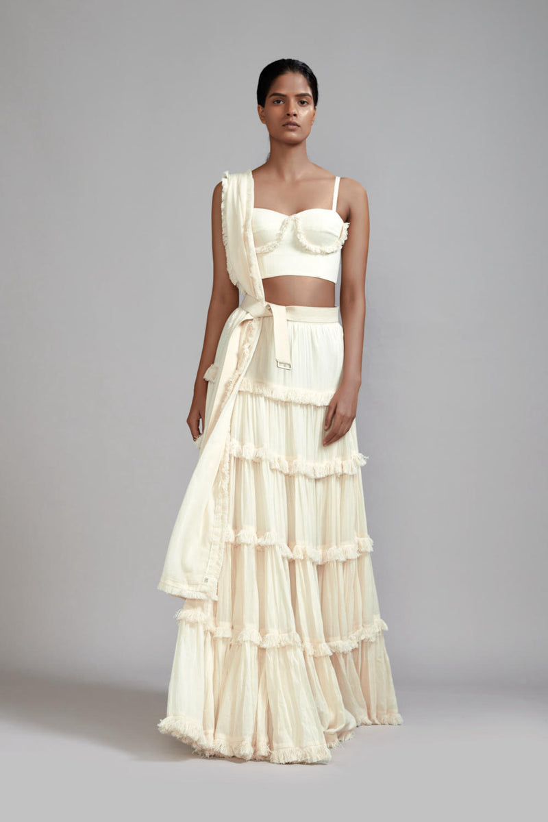 Off-White Fringed Tiered Lehenga Set (2 PCS) cotton Lehenga Sets by Mati in white color for women in Singapore