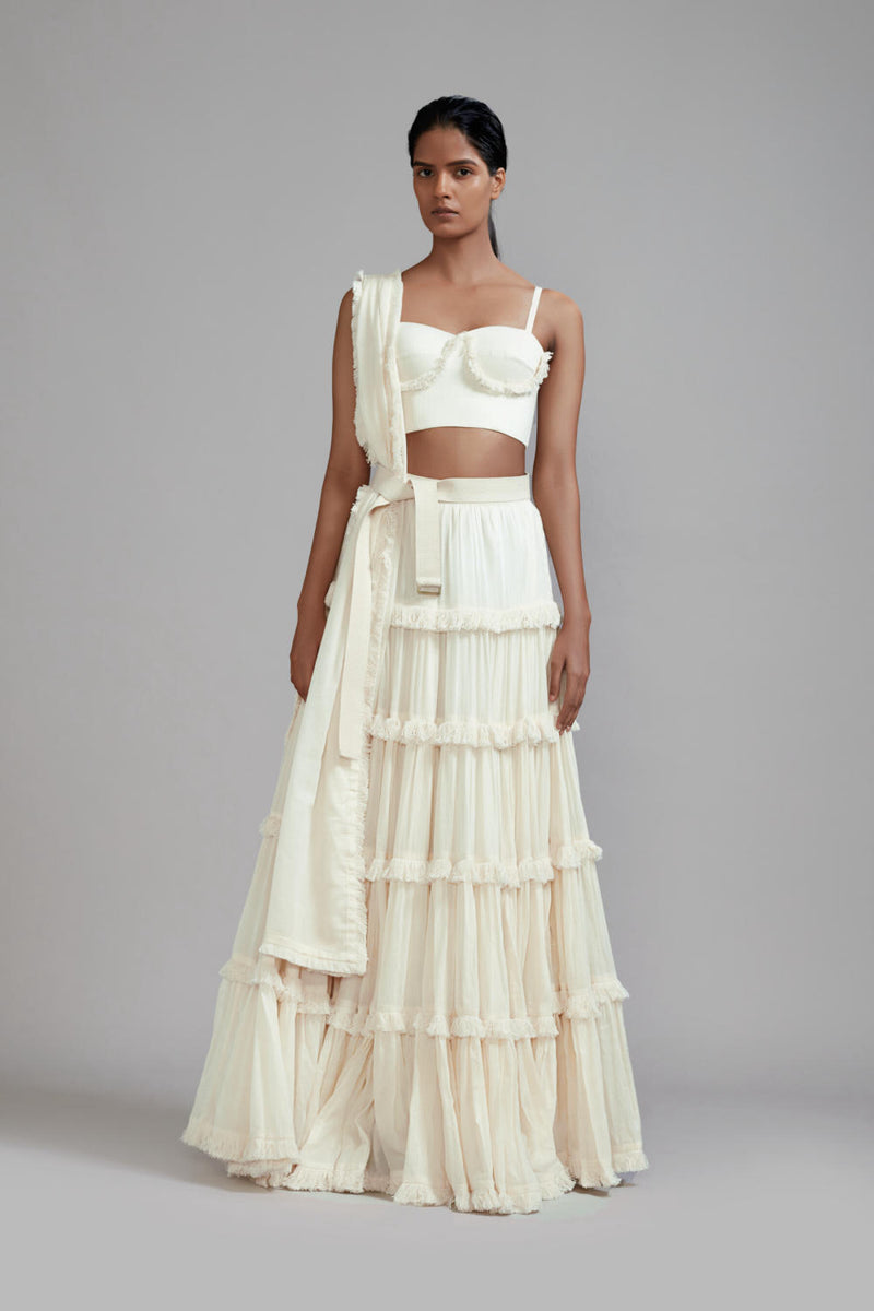 Off-White Fringed Tiered Lehenga cotton Skirts,Lehenga Sets by Mati in green color for women in Singapore