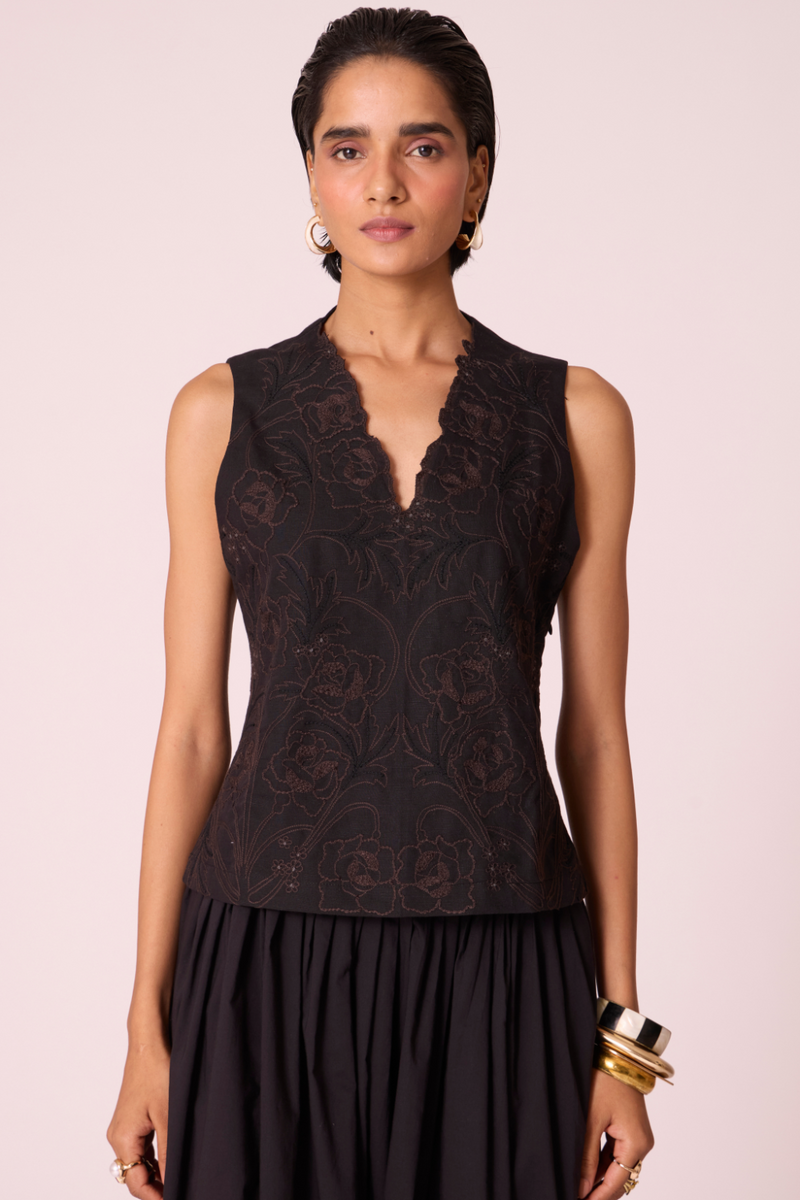Ogon Black Embroidered Top cotton by The Summer House in black color for women in Singapore