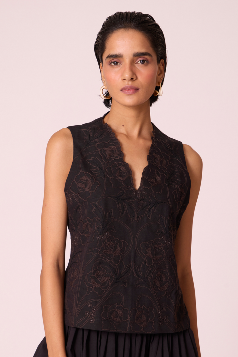 Ogon Black Embroidered Top cotton by The Summer House in black color for women in Singapore