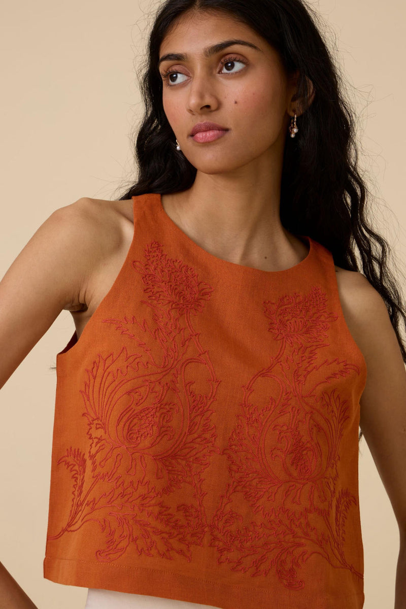 Olena Orange Embroidered Top cotton by The Summer House in orange color for women in Singapore