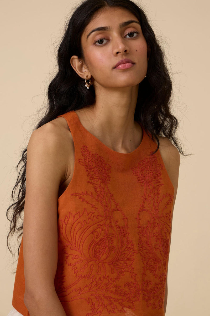 Olena Orange Embroidered Top cotton by The Summer House in orange color for women in Singapore