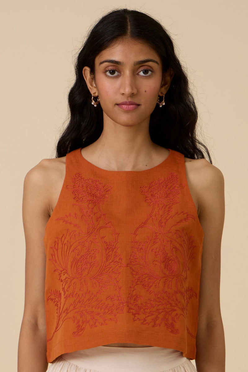 Olena Orange Embroidered Top cotton by The Summer House in orange color for women in Singapore