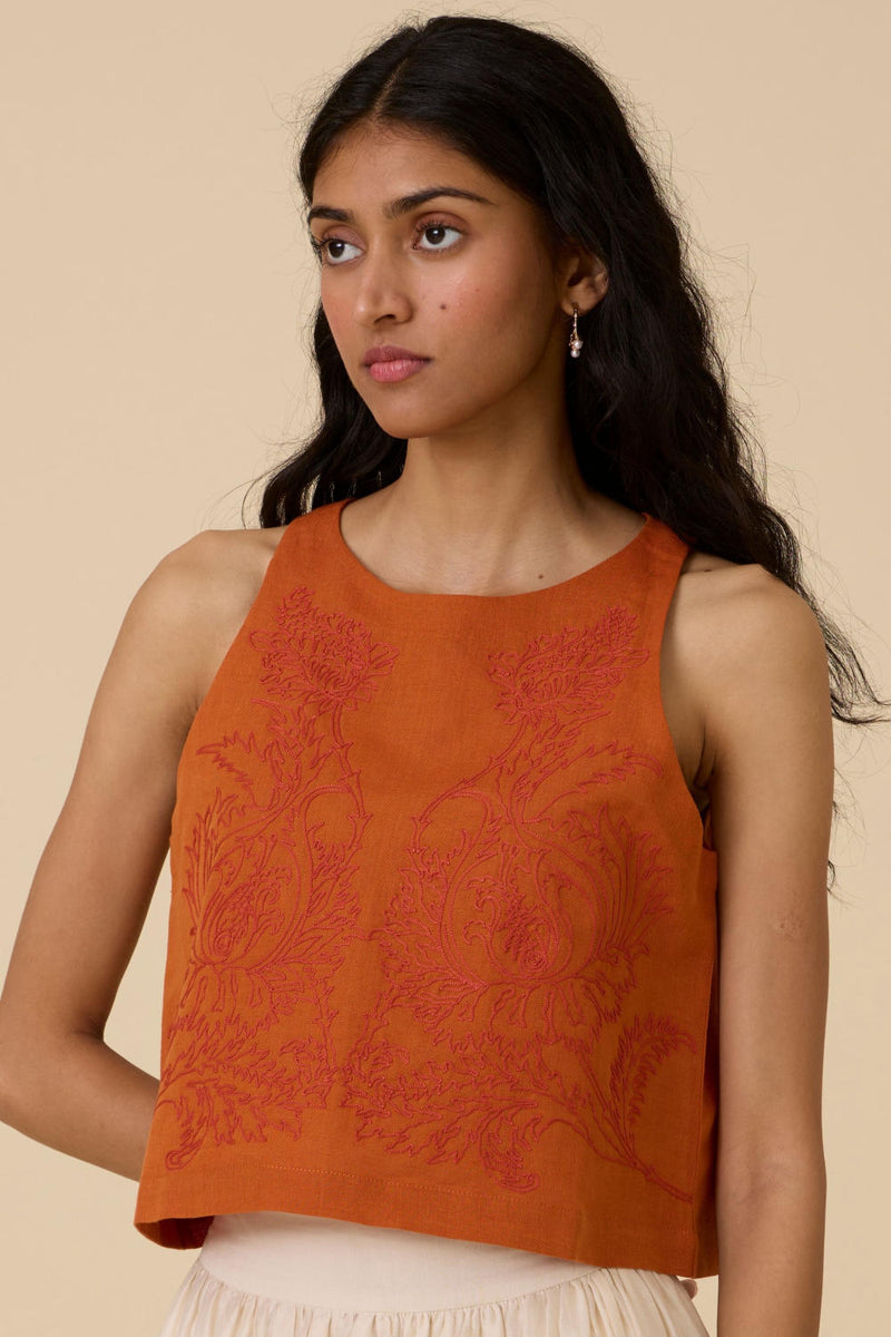 Olena Orange Embroidered Top cotton by The Summer House in orange color for women in Singapore