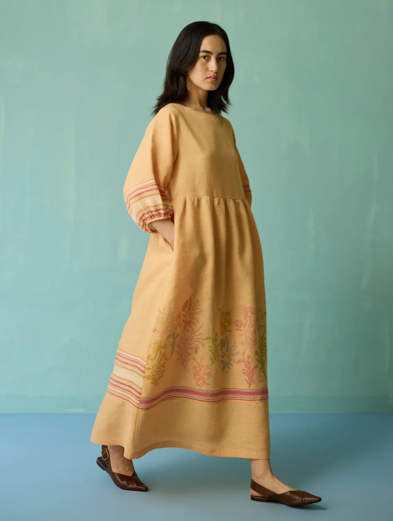 Ora Block-Printed Floral Linen Dress - Apricot linen dress by Manan in apricot for women in Singapore
