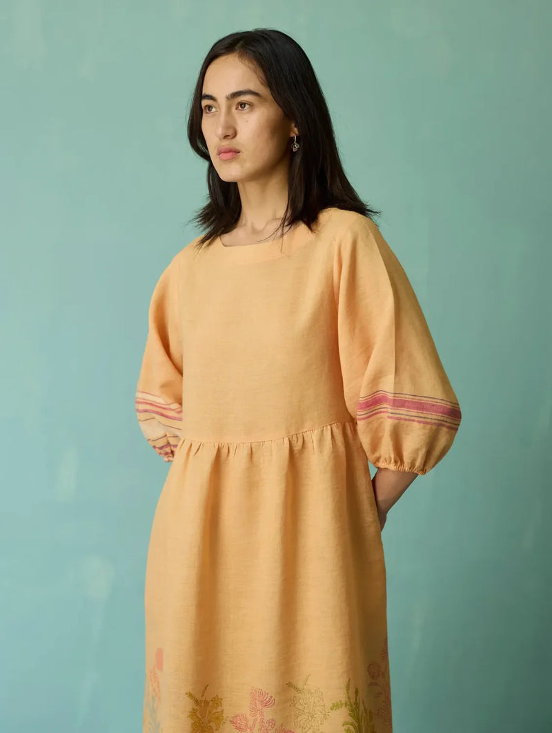 Ora Block-Printed Floral Linen Dress - Apricot linen dress by Manan in apricot for women in Singapore