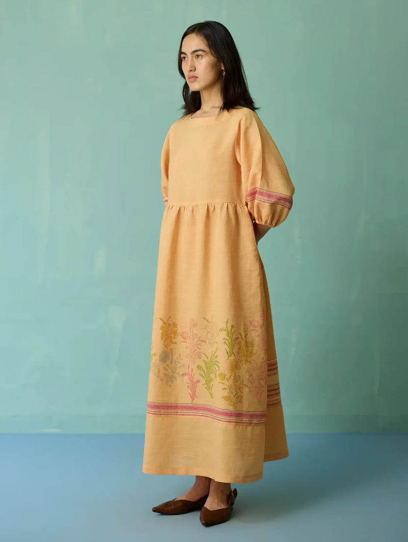 Ora Block-Printed Floral Linen Dress - Apricot linen dress by Manan in apricot for women in Singapore