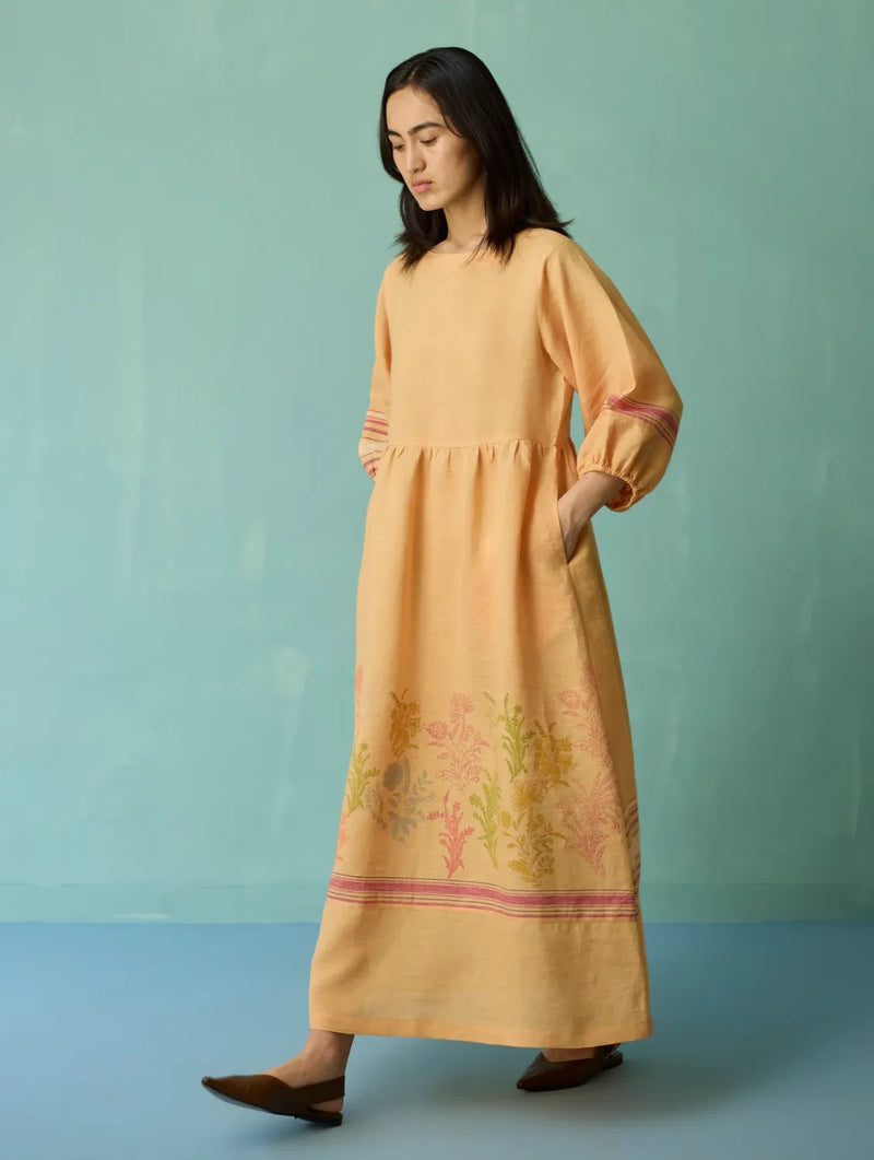 Ora Block-Printed Floral Linen Dress - Apricot linen dress by Manan in apricot for women in Singapore