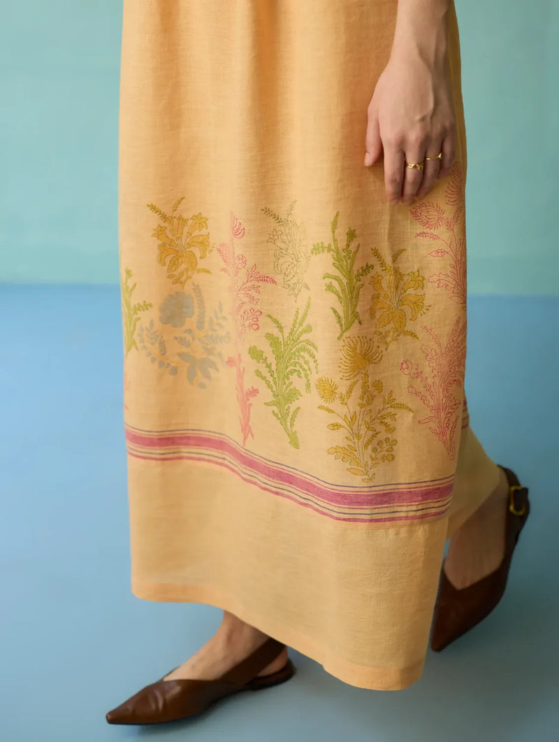 Ora Block-Printed Floral Linen Dress - Apricot linen dress by Manan in apricot for women in Singapore