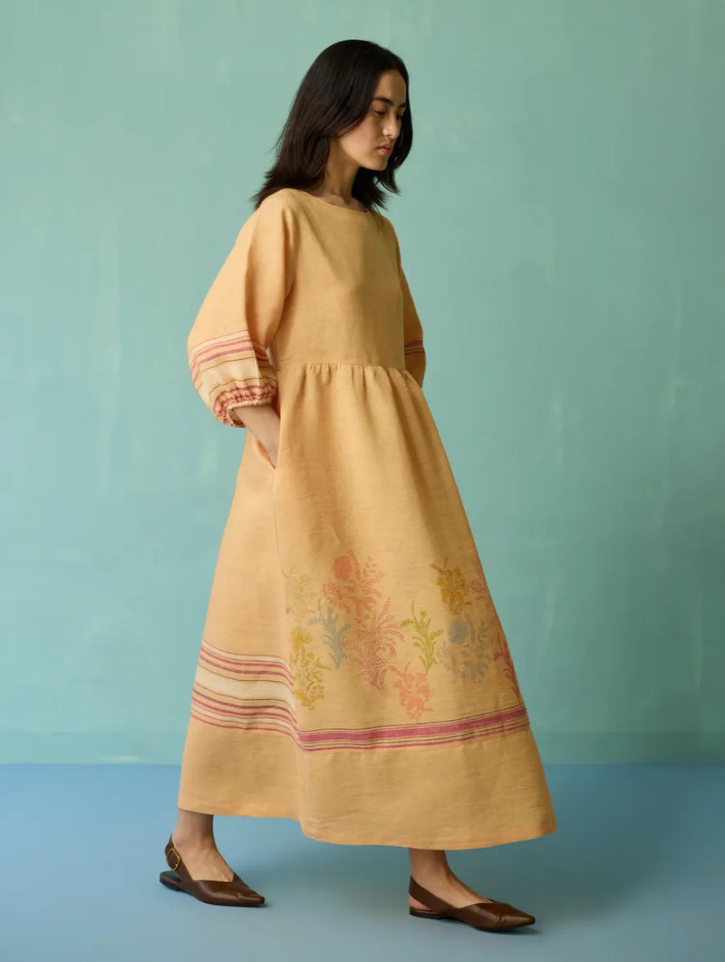 Ora Block-Printed Floral Linen Dress - Apricot linen dress by Manan in apricot for women in Singapore
