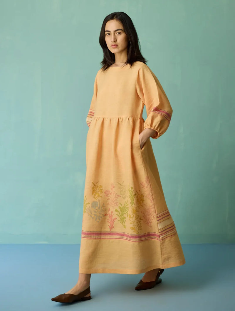 Ora Block-Printed Floral Linen Dress - Apricot linen dress by Manan in apricot for women in Singapore