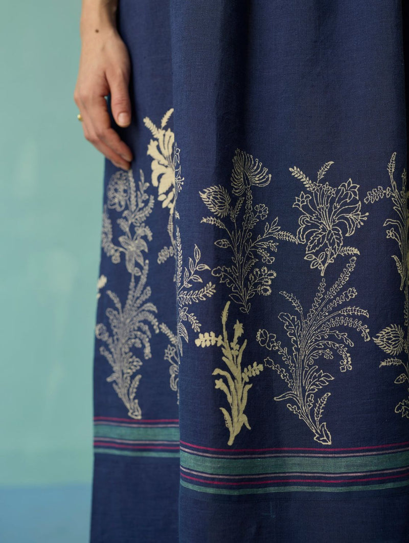 Ora Block-Printed Floral Linen Dress - Indigo linen dress by Manan in navy for women in Singapore