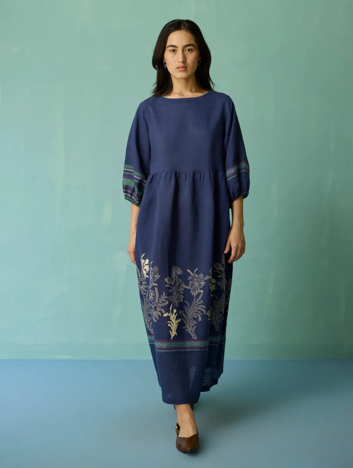 Buy Ora Block-Printed Floral Linen Dress - Indigo in Singapore
