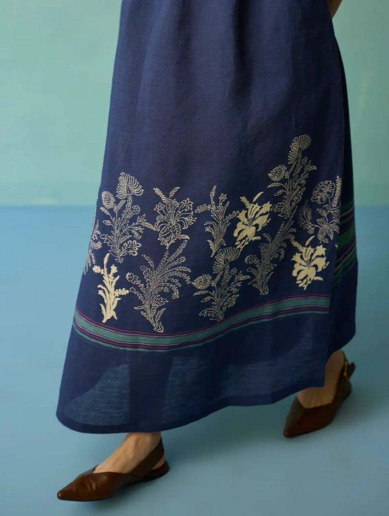 Ora Block-Printed Floral Linen Dress - Indigo linen dress by Manan in navy for women in Singapore