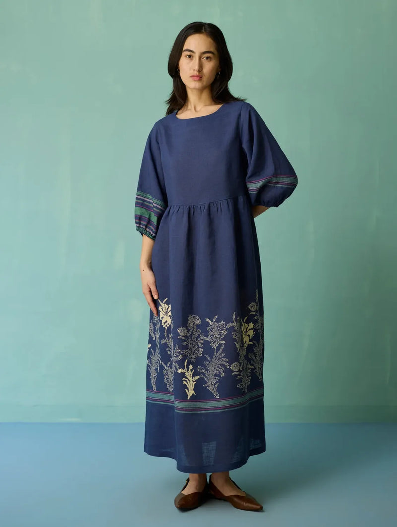 Ora Block-Printed Floral Linen Dress - Indigo linen dress by Manan in navy for women in Singapore