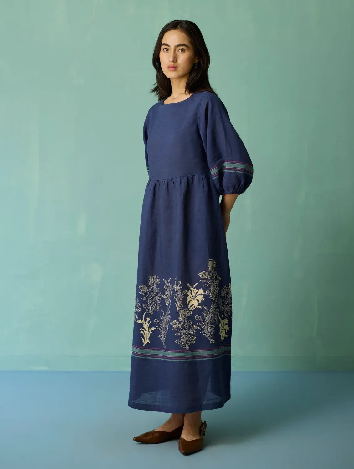 Buy Ora Block-Printed Floral Linen Dress - Indigo in Singapore