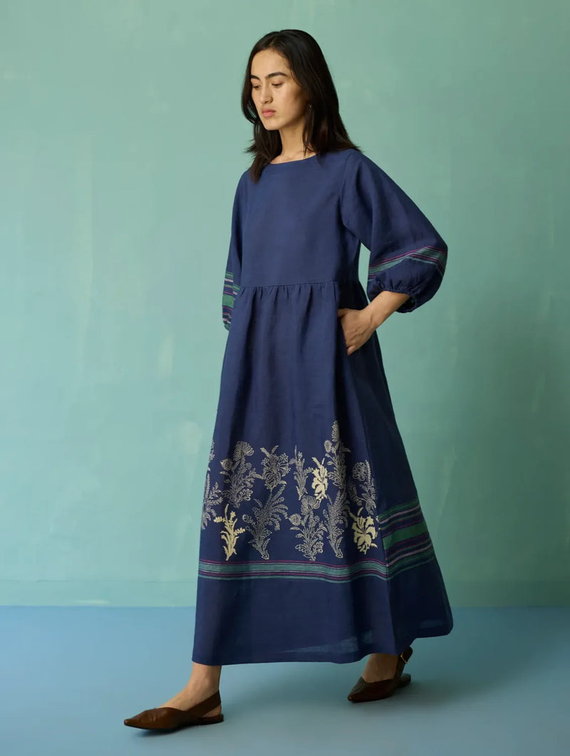 Ora Block-Printed Floral Linen Dress - Indigo linen dress by Manan in navy for women in Singapore
