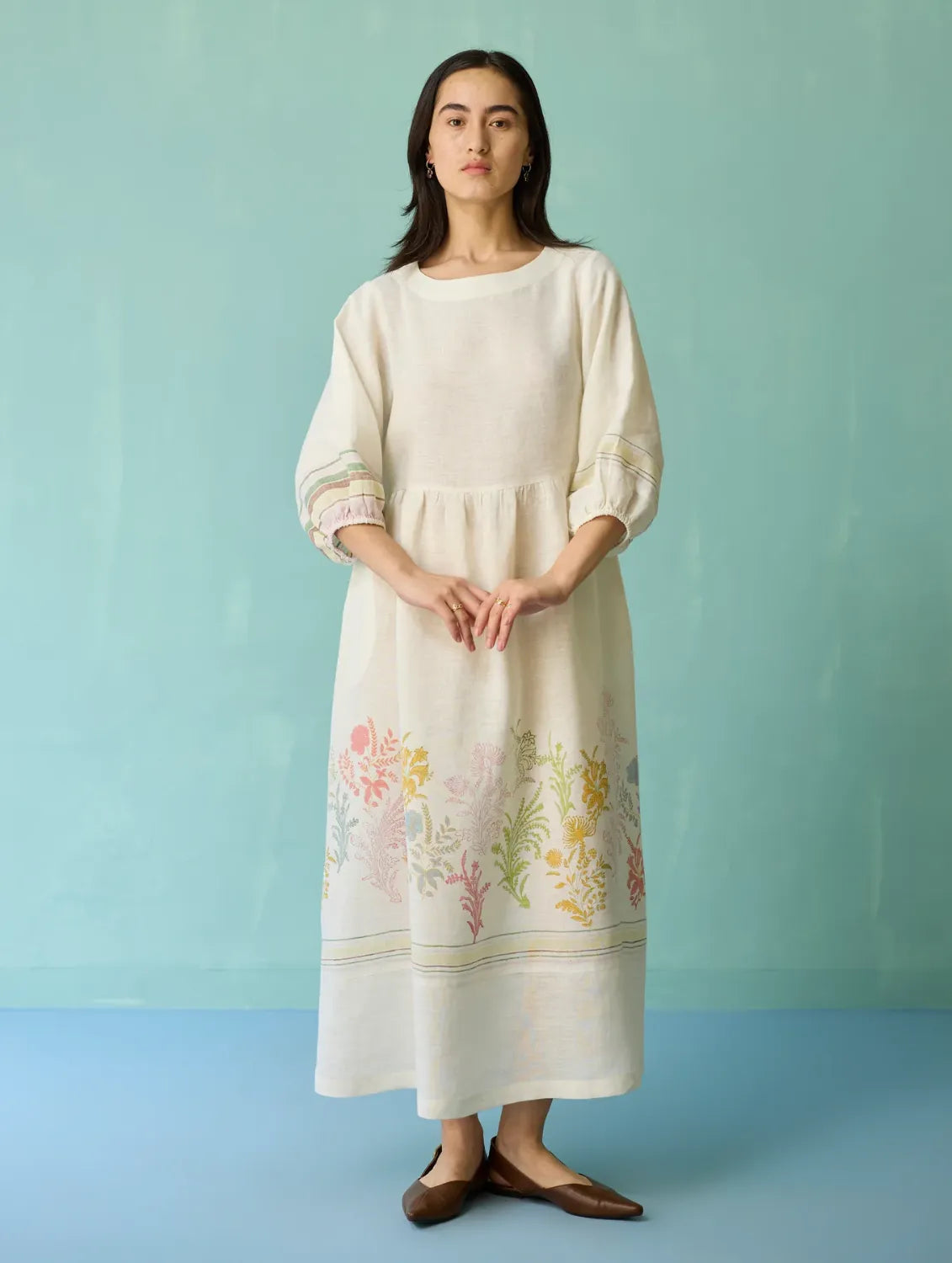 linen dress singapore Buy Ora Block-Printed Floral - Ivory Worldwide Embrace summer in style Empire Waist A-Line Wedding style-WKO6010 Size:12mshirt(12-18m overalls)