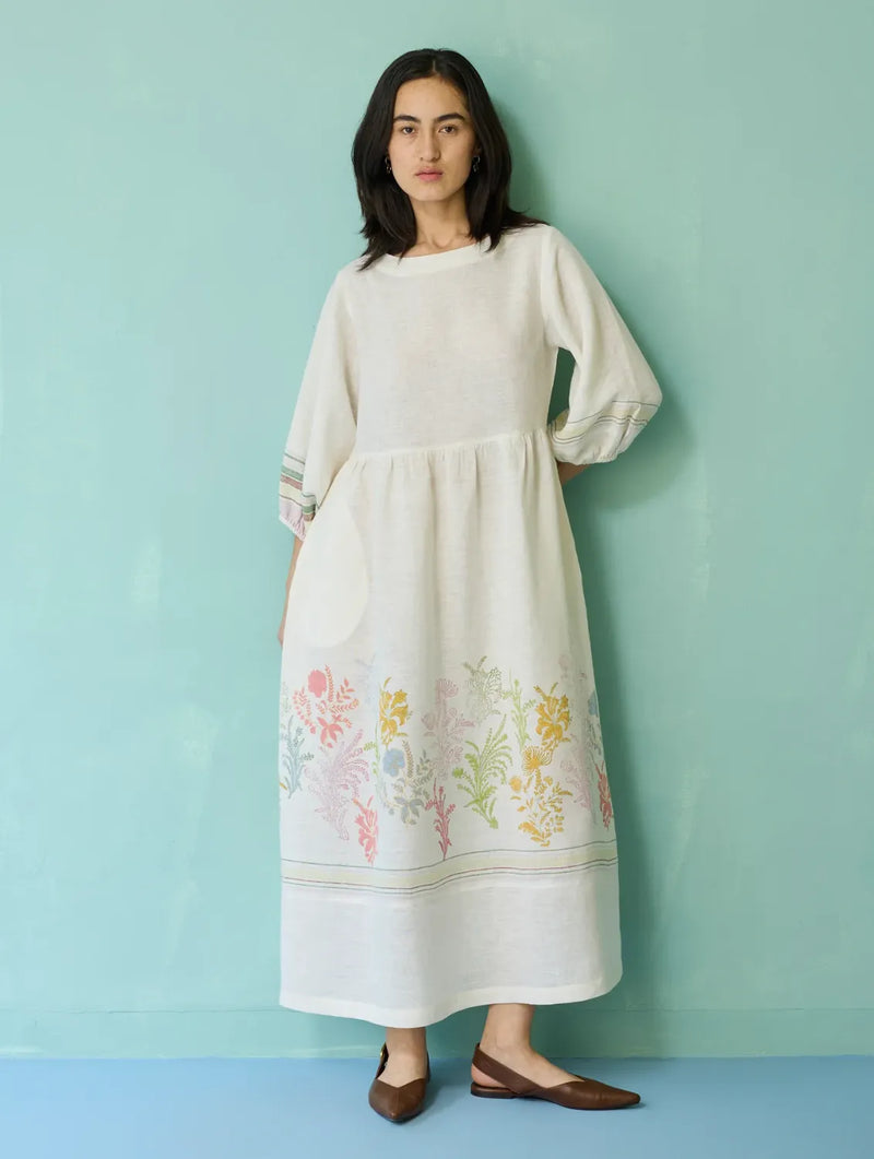 Ora Block-Printed Floral Linen Dress - Ivory linen dress by Manan in ivory for women in Singapore
