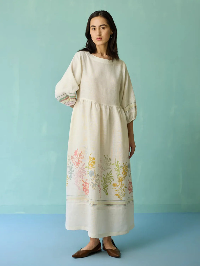 Ora Block-Printed Floral Linen Dress - Ivory linen dress by Manan in ivory for women in Singapore