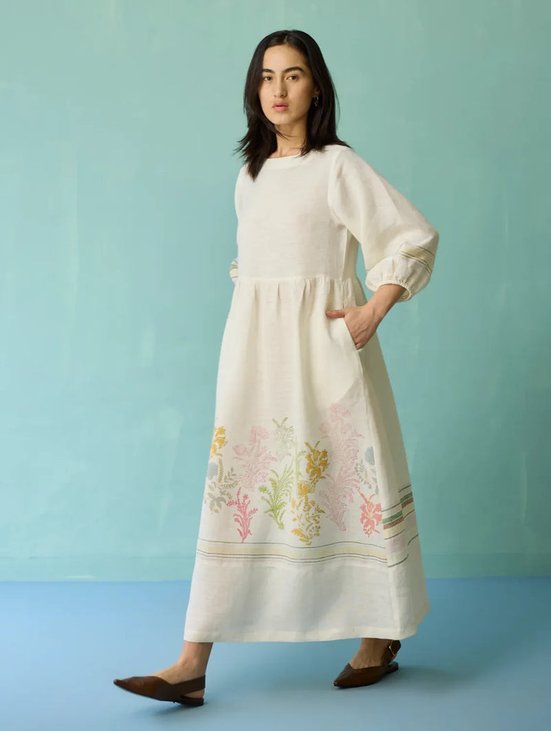 Ora Block-Printed Floral Linen Dress - Ivory linen dress by Manan in ivory for women in Singapore