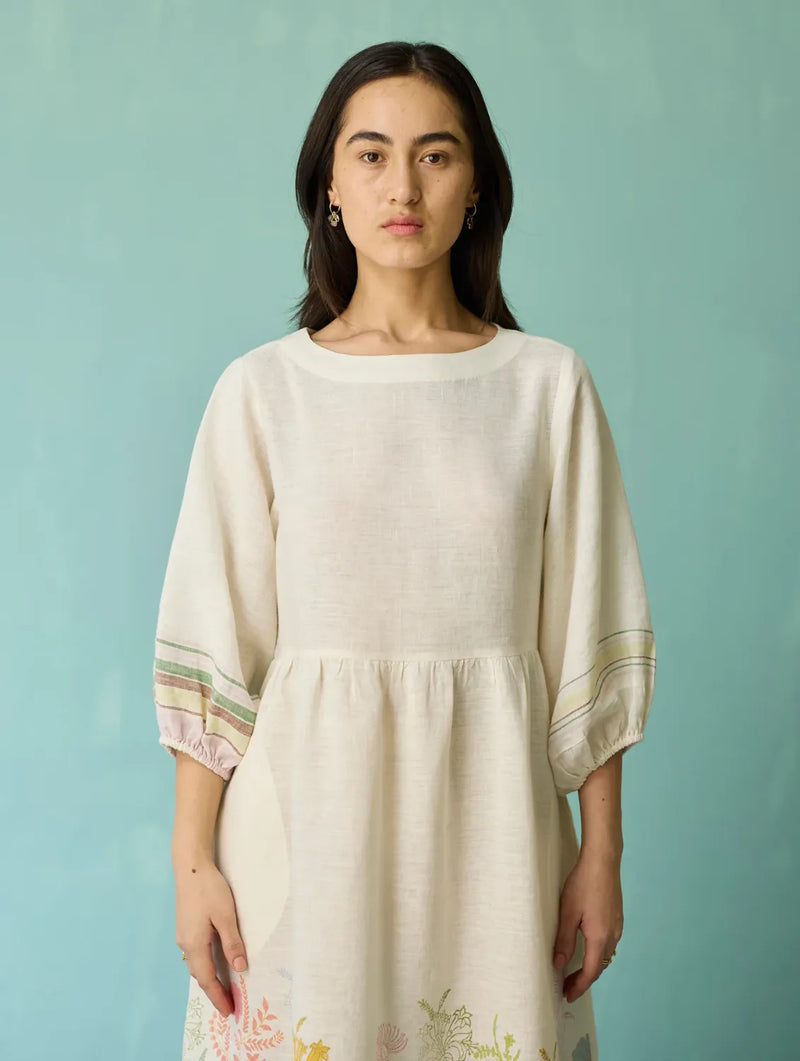 Ora Block-Printed Floral Linen Dress - Ivory linen dress by Manan in ivory for women in Singapore