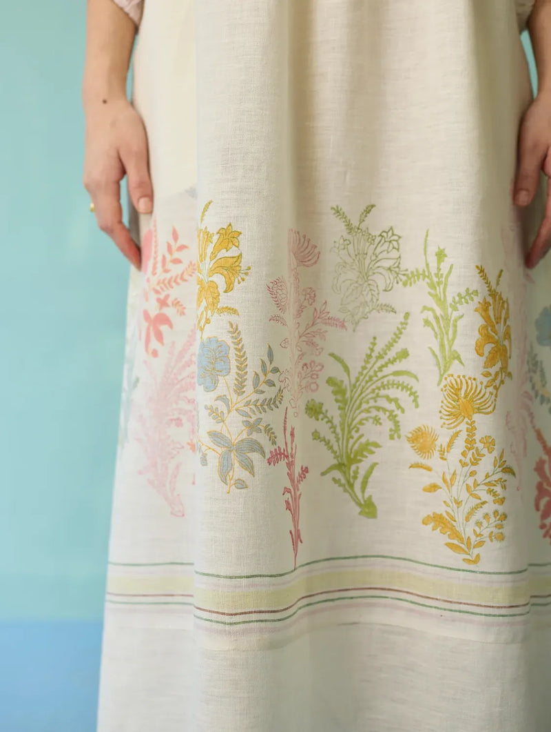 Ora Block-Printed Floral Linen Dress - Ivory linen dress by Manan in ivory for women in Singapore