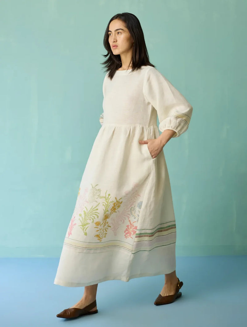 Ora Block-Printed Floral Linen Dress - Ivory linen dress by Manan in ivory for women in Singapore