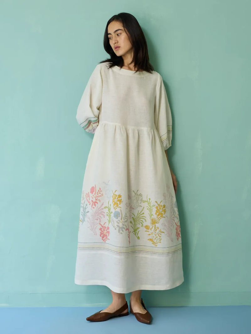 Ora Block-Printed Floral Linen Dress - Ivory linen dress by Manan in ivory for women in Singapore