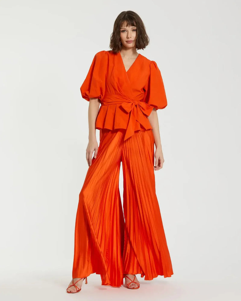 Orange Faille Wrap Over Balloon Sleeve Blouse by Mac Duggal for women in Singapore