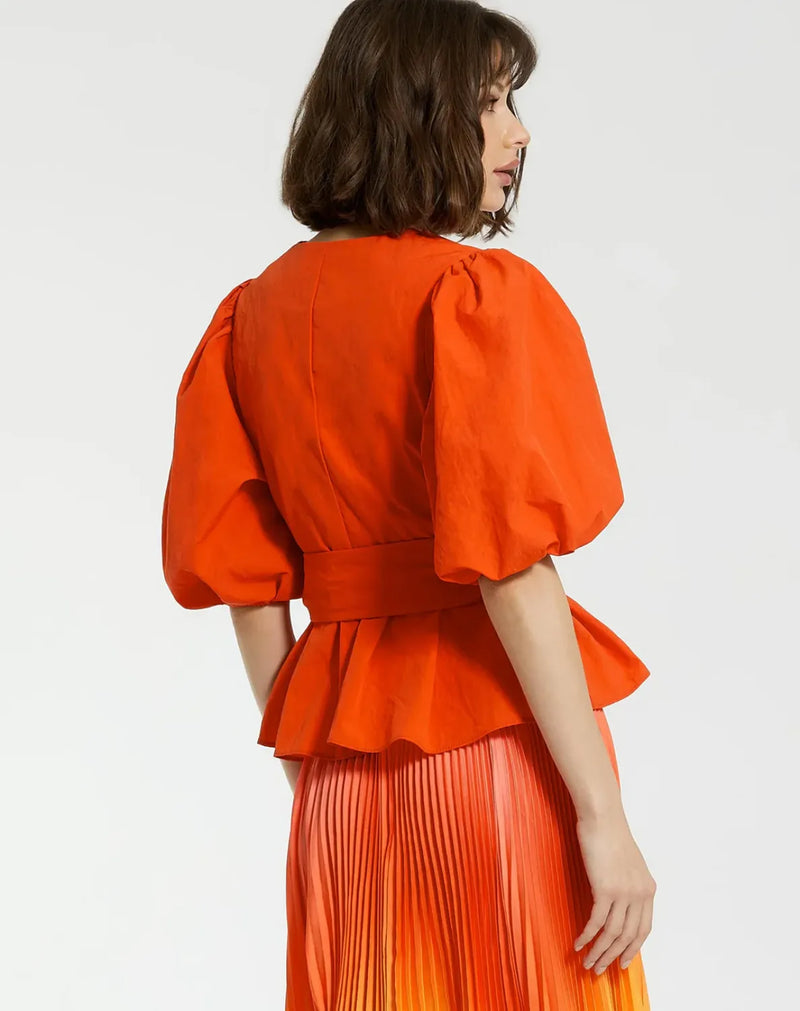 Orange Faille Wrap Over Balloon Sleeve Blouse by Mac Duggal for women in Singapore