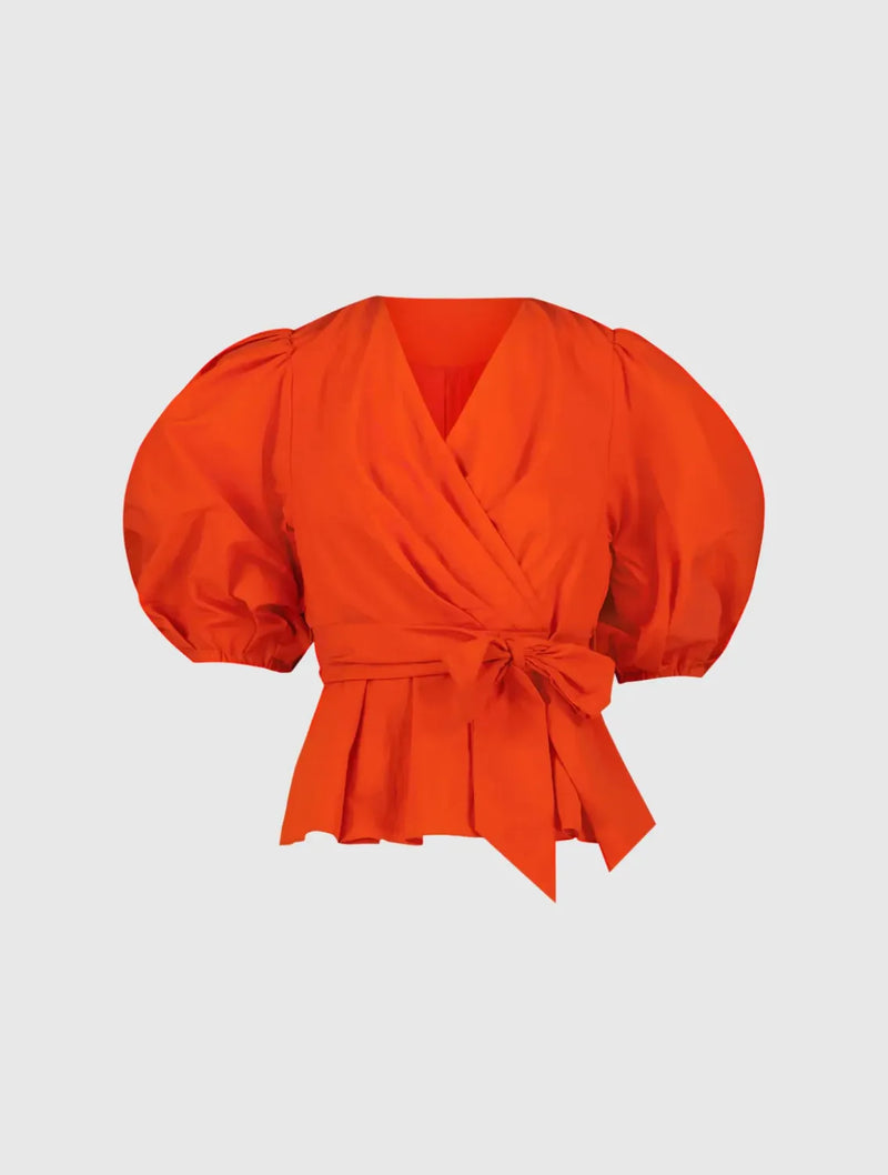 Orange Faille Wrap Over Balloon Sleeve Blouse by Mac Duggal for women in Singapore