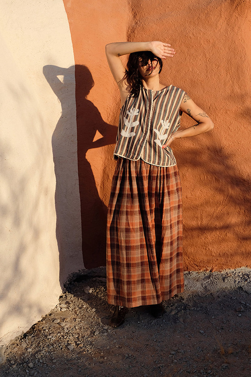 Oxford Skirt-Autumn Plaid handwoven cotton skirt by World of Crow in terracotta,rust brown,beige,and chocolate for women in Singapore