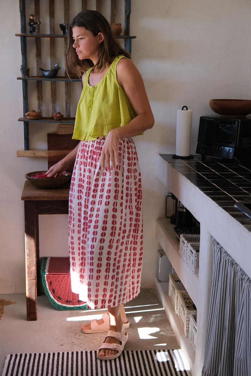 Oxford Skirt — Crimson hand block printed cotton skirt by World of Crow in off white for women in Singapore