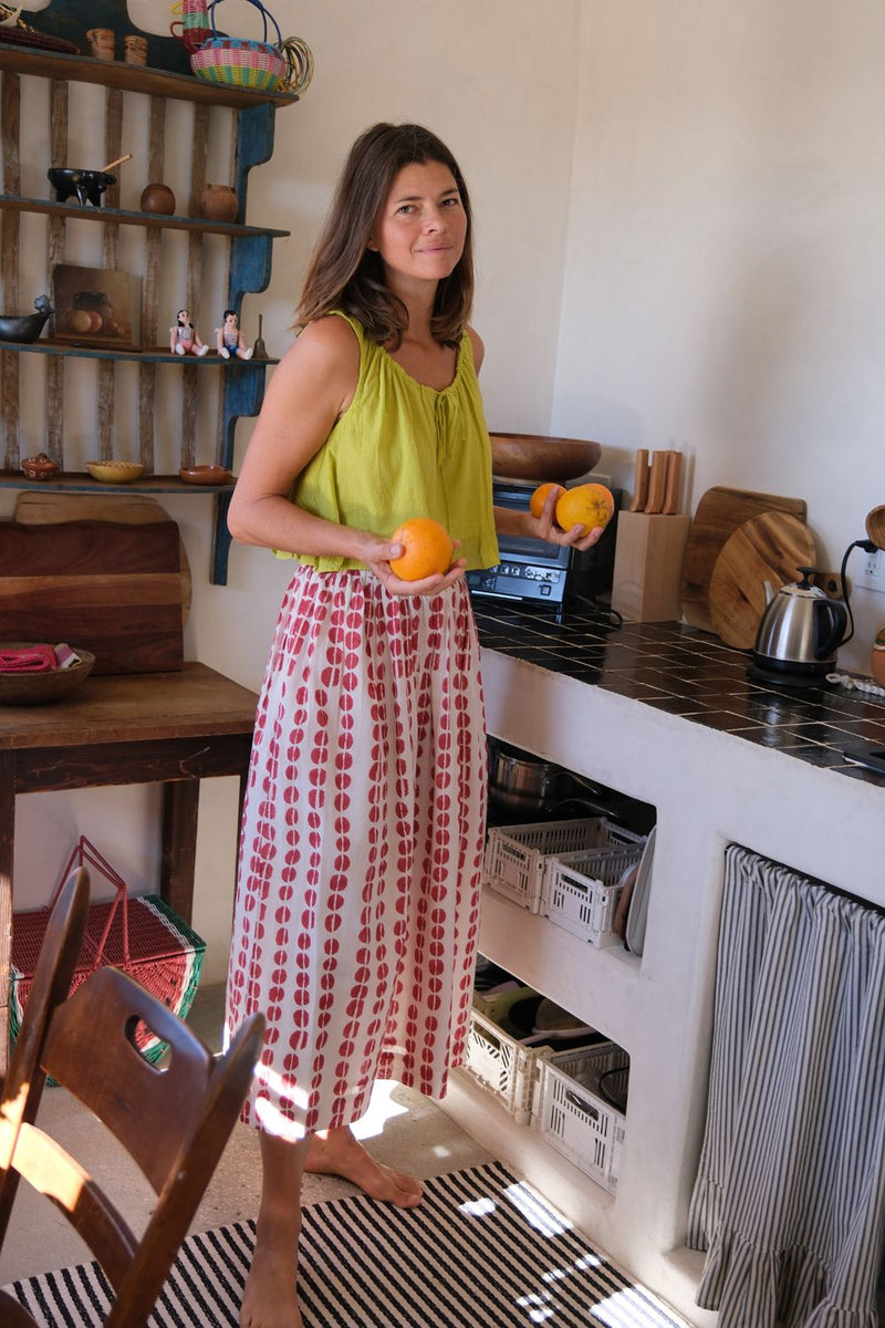 Oxford Skirt — Crimson hand block printed cotton skirt by World of Crow in off white for women in Singapore