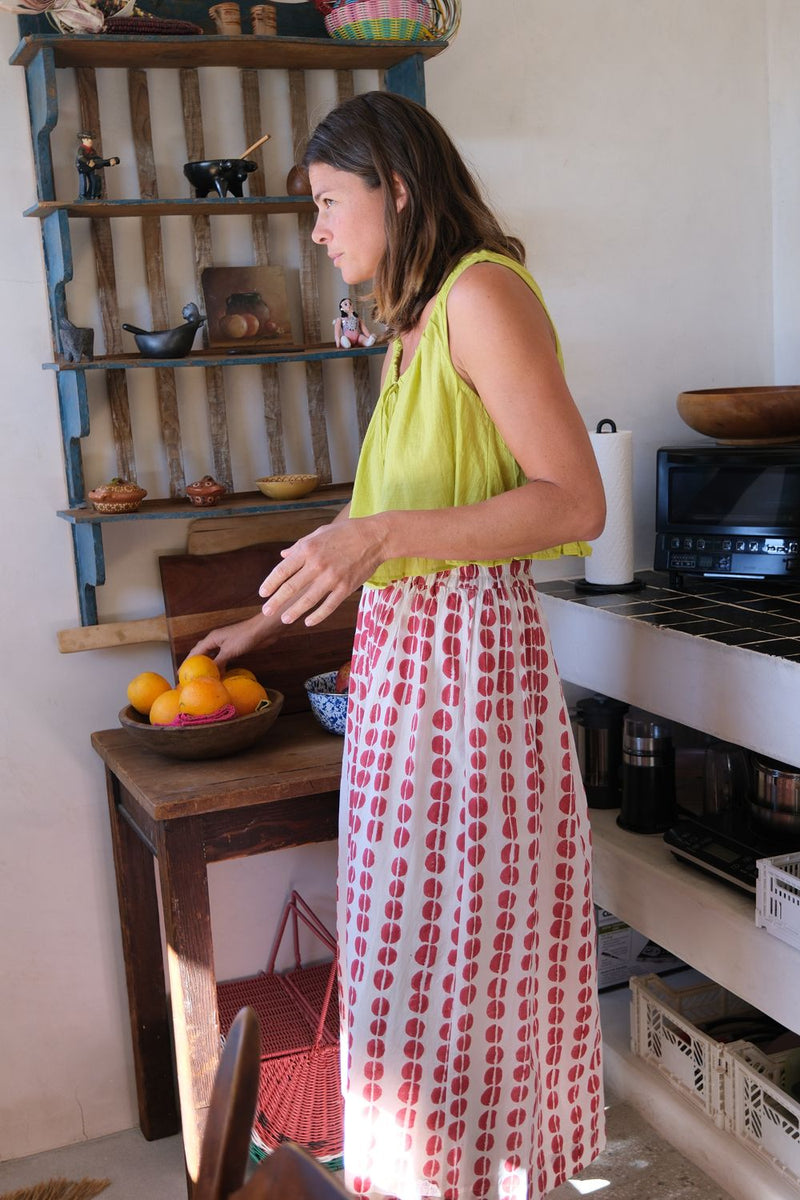 Oxford Skirt — Crimson hand block printed cotton skirt by World of Crow in off white for women in Singapore