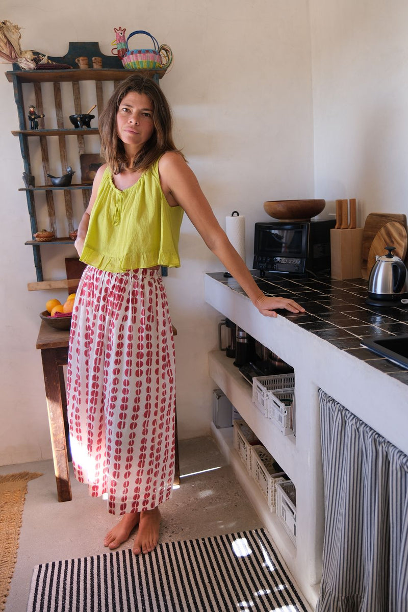 Oxford Skirt — Crimson hand block printed cotton skirt by World of Crow in off white for women in Singapore