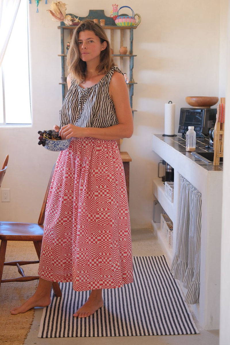 Oxford Skirt — Red hand block printed cotton skirt by World of Crow in white for women in Singapore