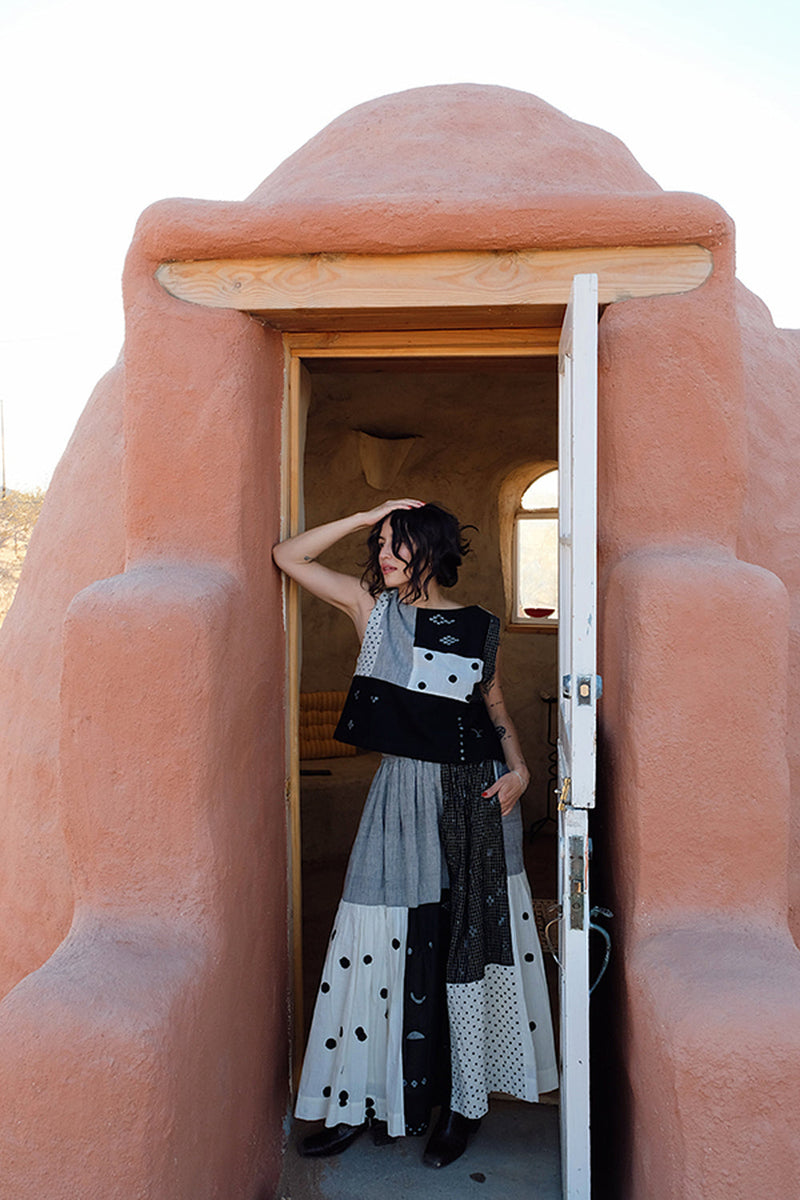 Oxford Skirt-Black Polkas handwoven cotton skirt by World of Crow in multi-color for women in Singapore