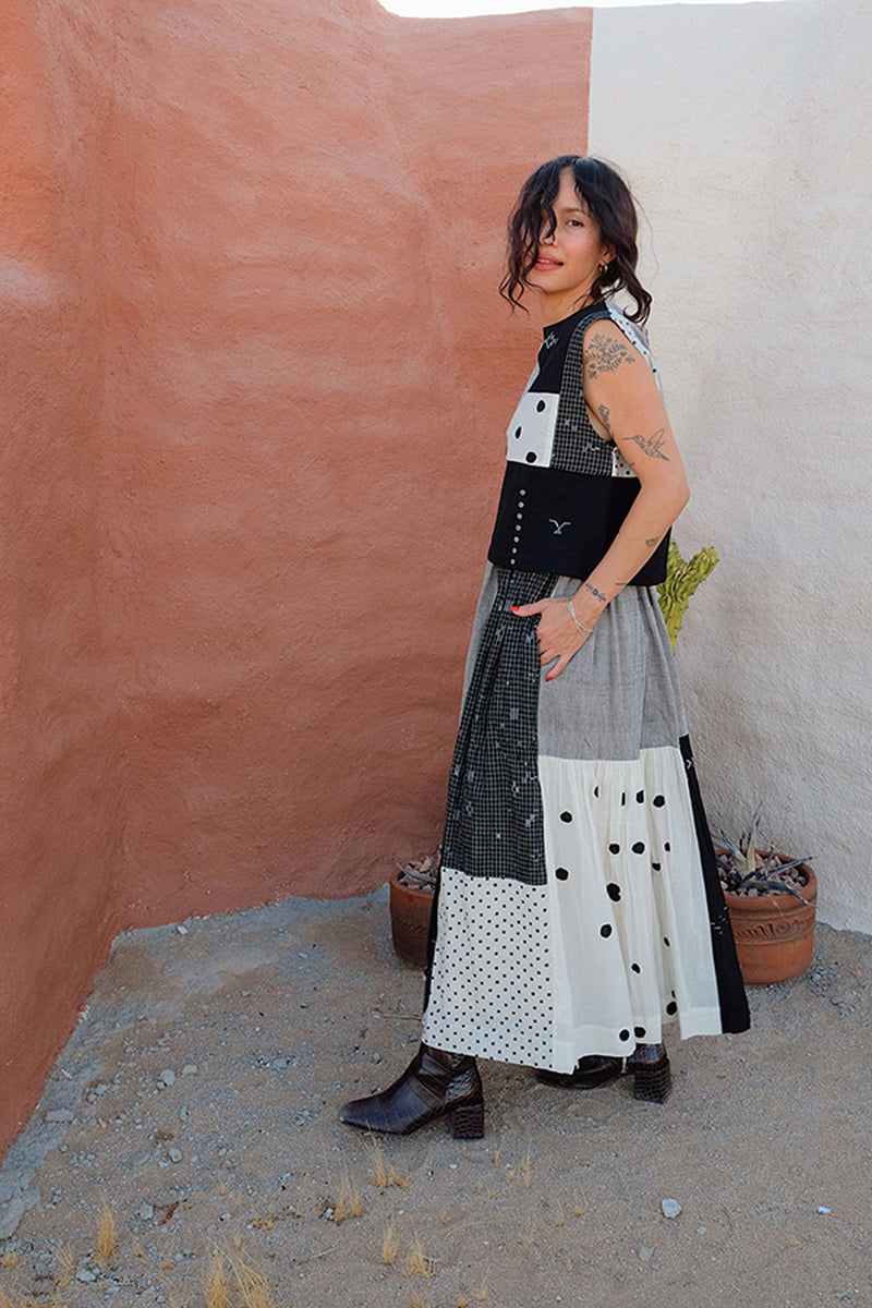 Oxford Skirt-Black Polkas handwoven cotton skirt by World of Crow in multi-color for women in Singapore