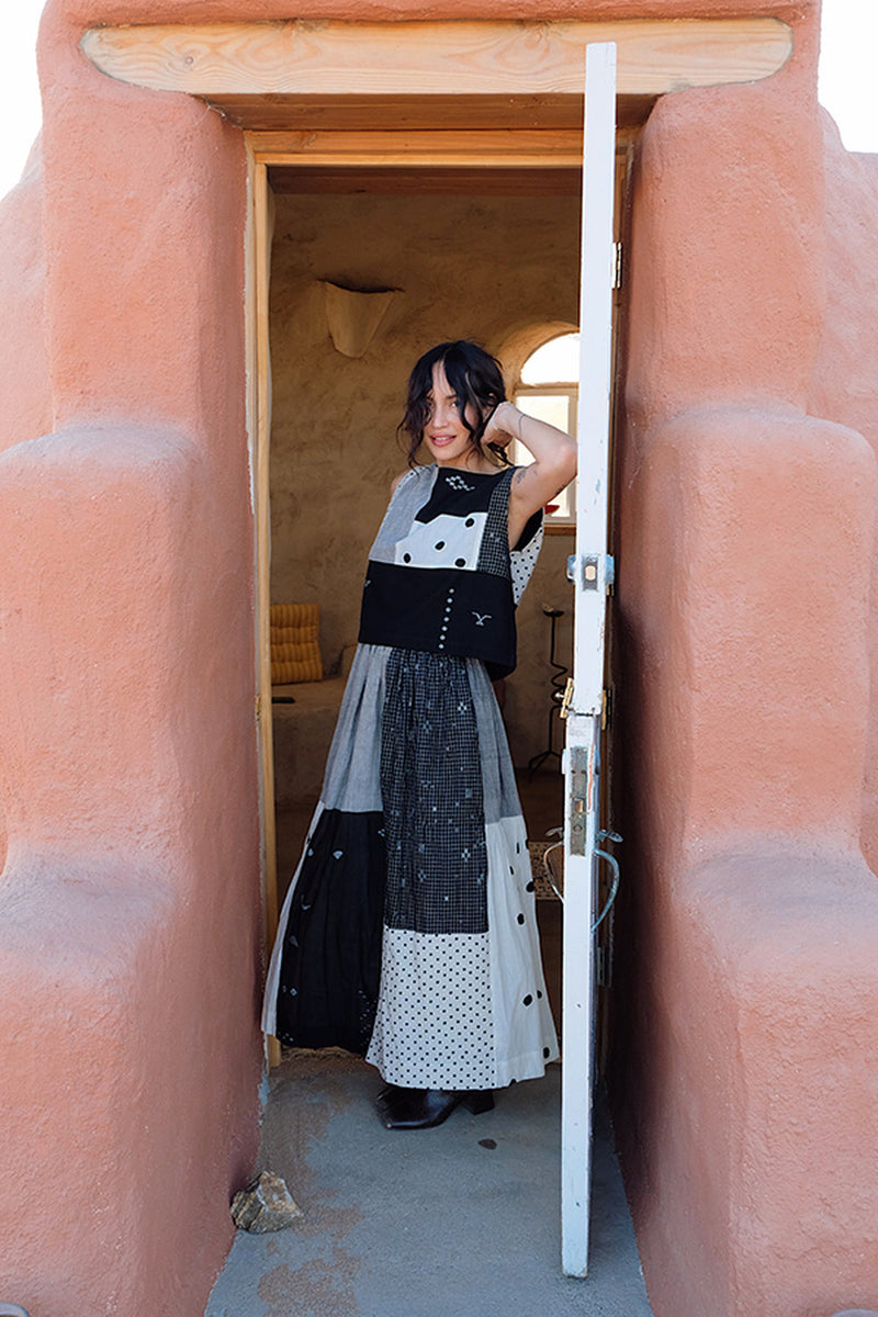 Oxford Skirt-Black Polkas handwoven cotton skirt by World of Crow in multi-color for women in Singapore
