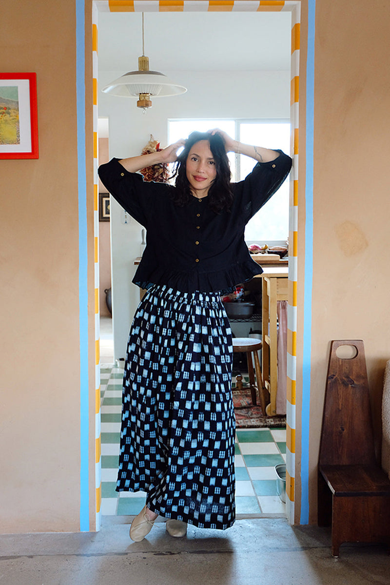 Oxford Skirt-Black & White Ikat handwoven cotton skirt by World of Crow in navy,white for women in Singapore