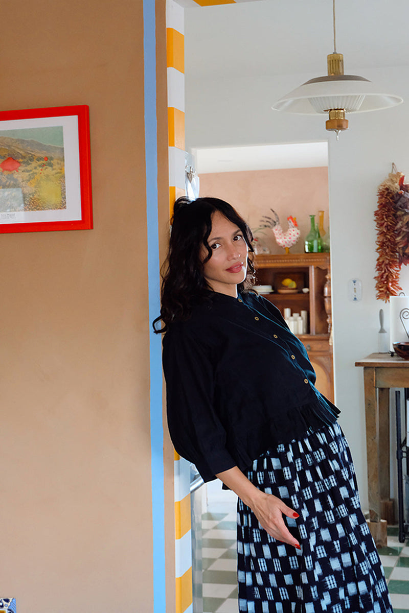 Oxford Skirt-Black & White Ikat handwoven cotton skirt by World of Crow in navy,white for women in Singapore