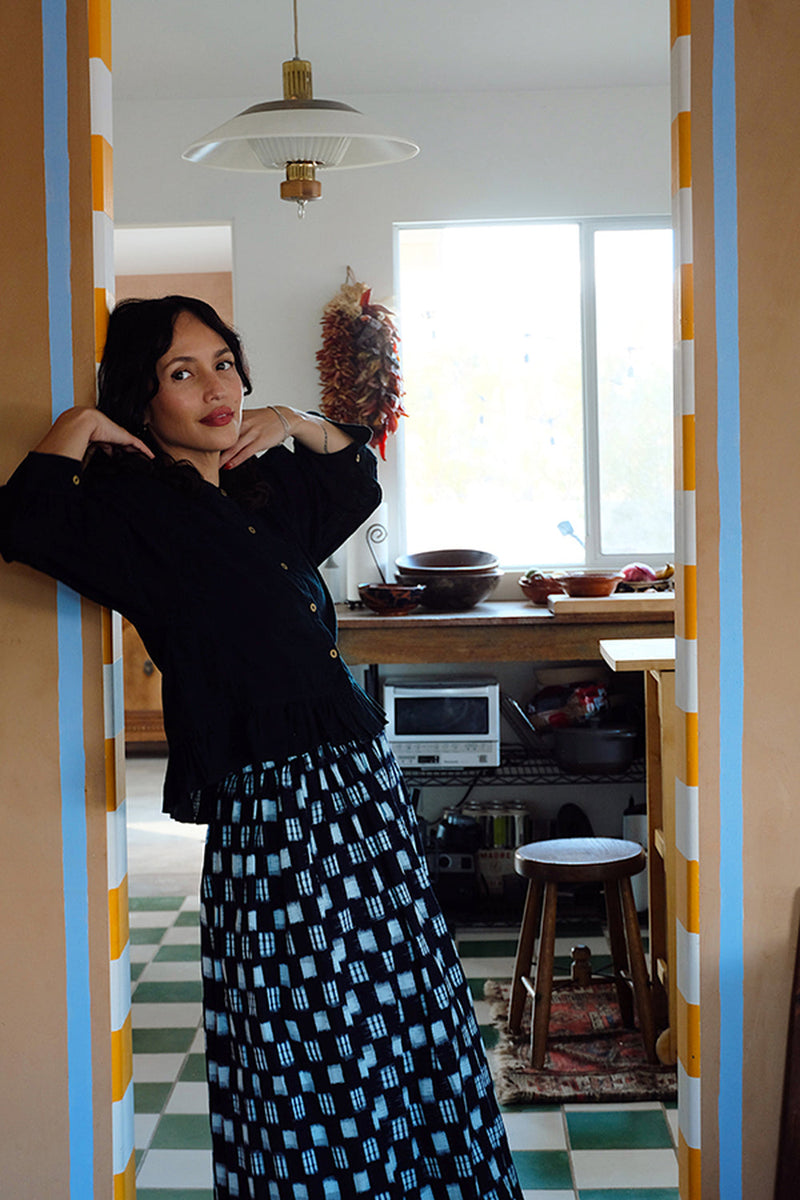 Oxford Skirt-Black & White Ikat handwoven cotton skirt by World of Crow in navy,white for women in Singapore