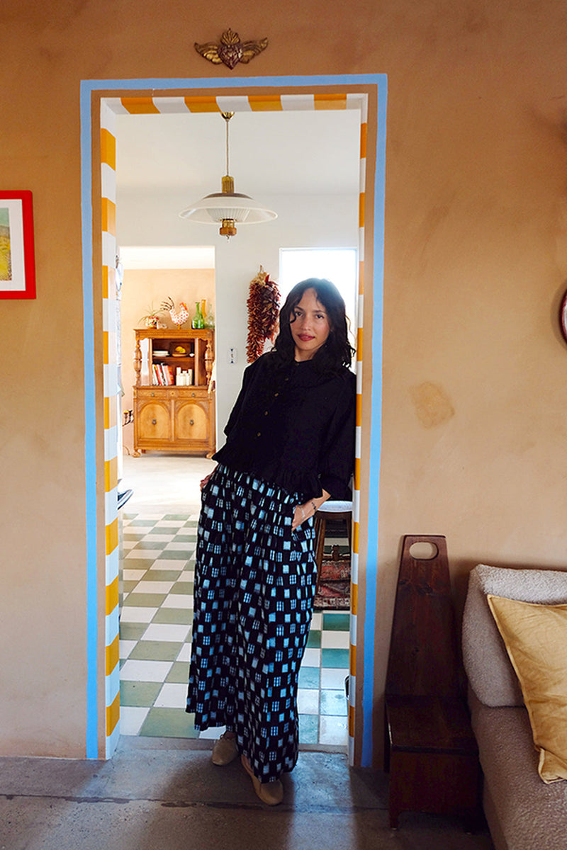 Oxford Skirt-Black & White Ikat handwoven cotton skirt by World of Crow in navy,white for women in Singapore