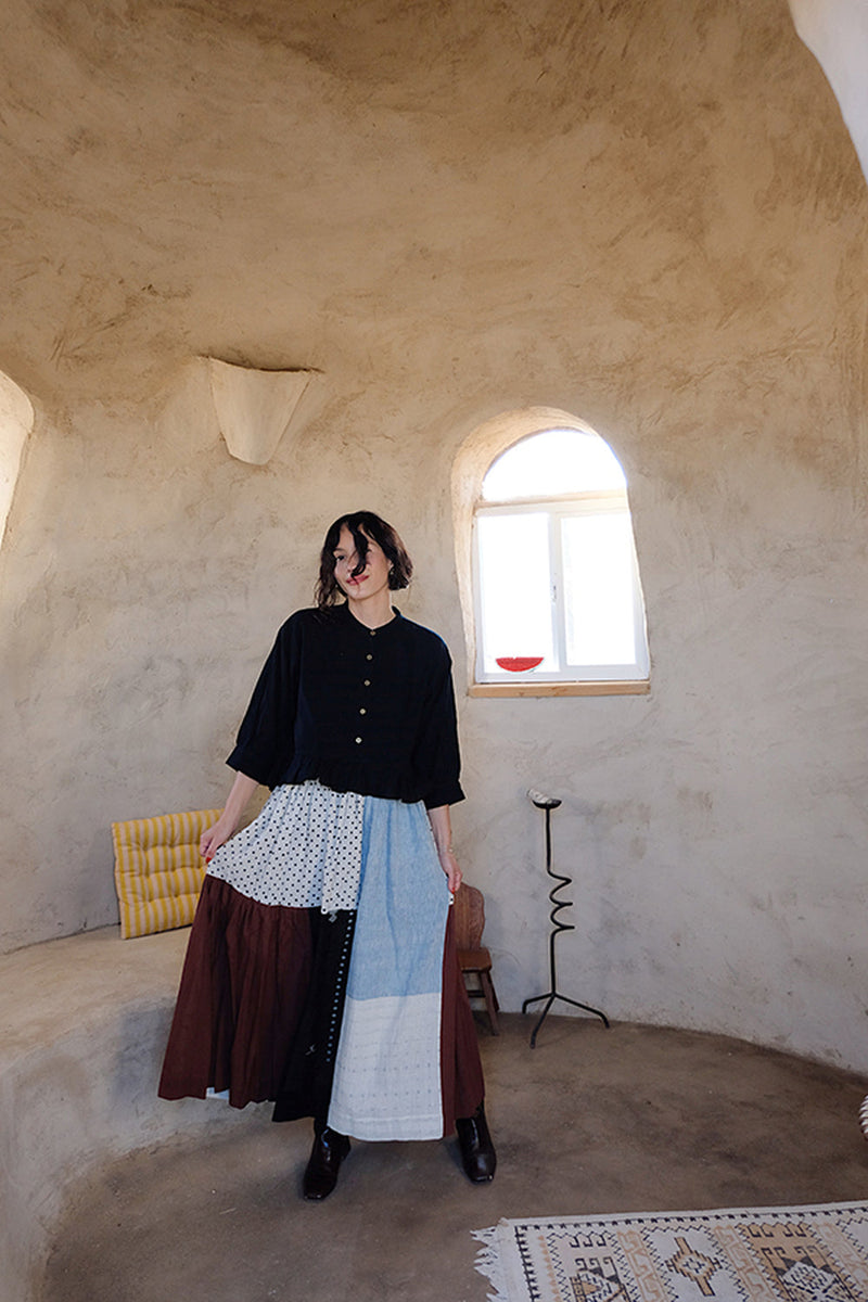 Oxford Skirt-Earthy Block handwoven cotton skirt by World of Crow in multi-color for women in Singapore