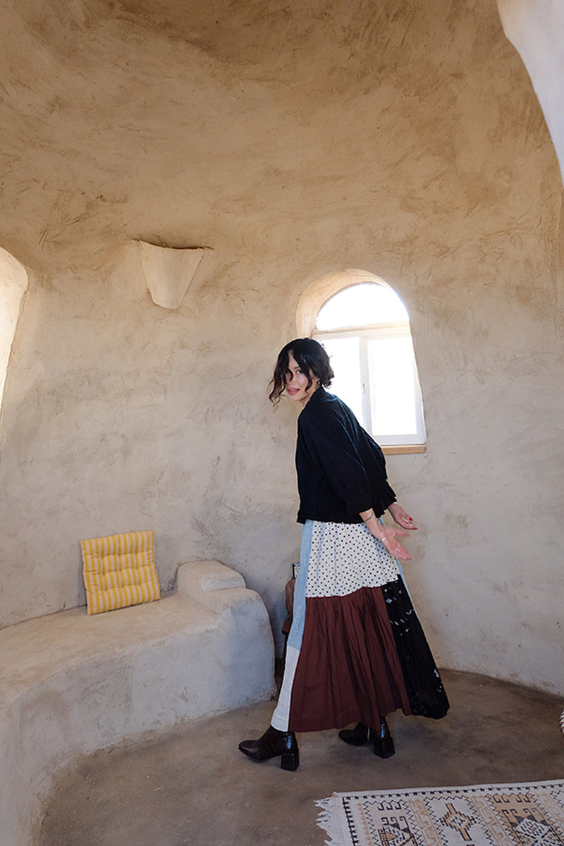 Oxford Skirt-Earthy Block handwoven cotton skirt by World of Crow in multi-color for women in Singapore